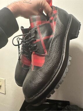 424 FourTwoFour Leather Cover Low Top Boot Plaid Print Leather Black Size 43RARE